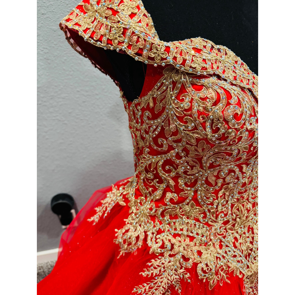 Chicas Red & Gold Ball Gown Dress | Size Large | Off-Shoulder Glitter Tulle - Picture 11 of 16